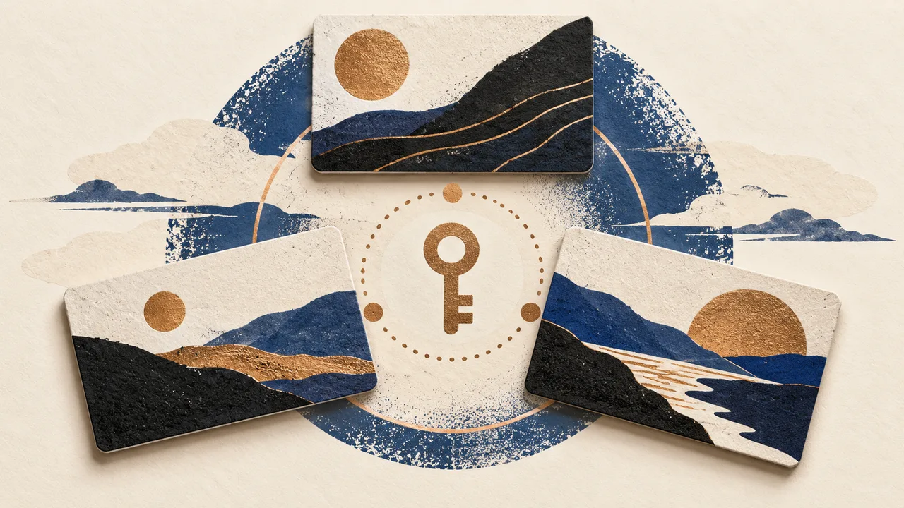 Illustration of wallet backup cards arranged around a key