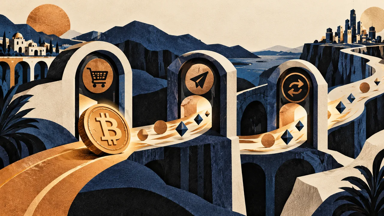 Illustration of a Bitcoin passing through separate buying, sending and swapping routes