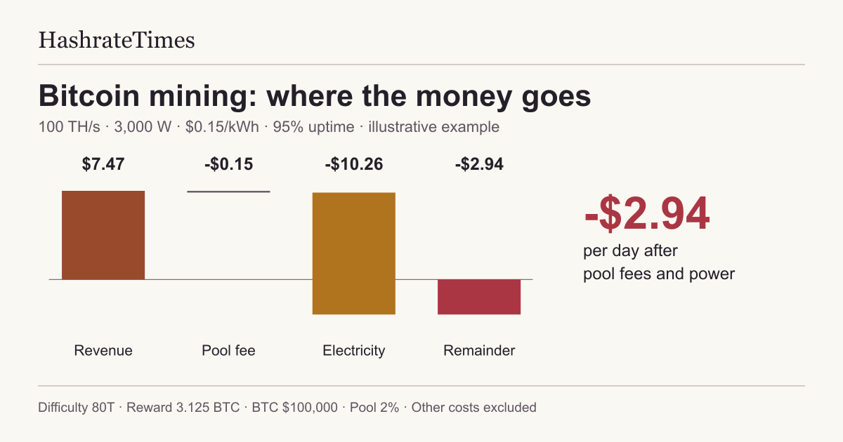 Daily example: $7.47 revenue minus $0.15 pool fee and $10.26 electricity leaves a $2.94 loss